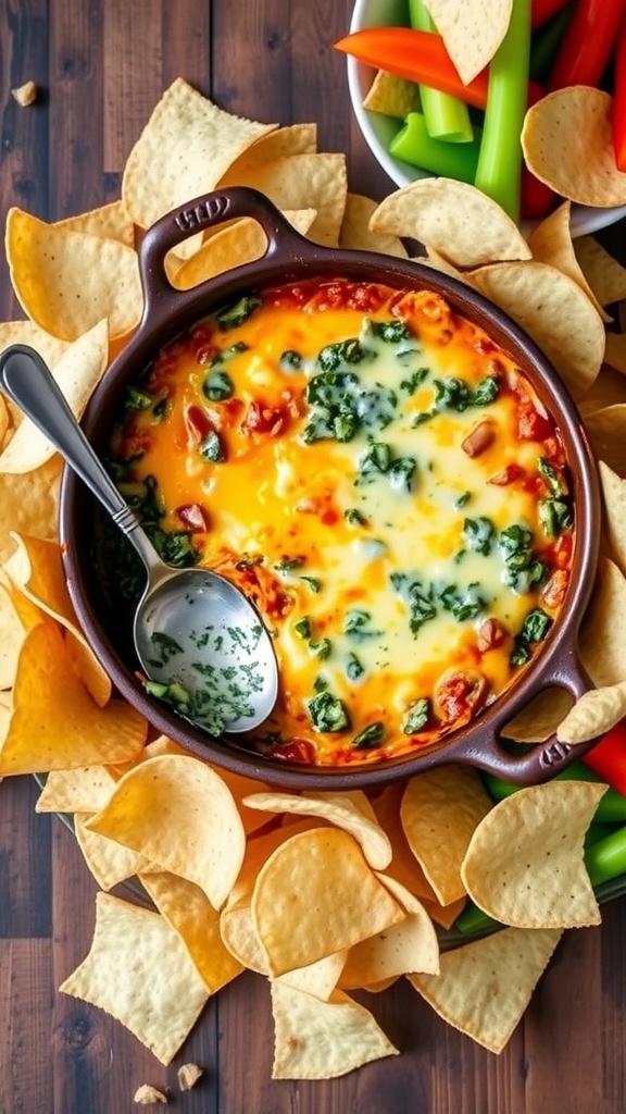 Warm spinach dip with cheese in a baking dish, served with chips and vegetables on a wooden table.